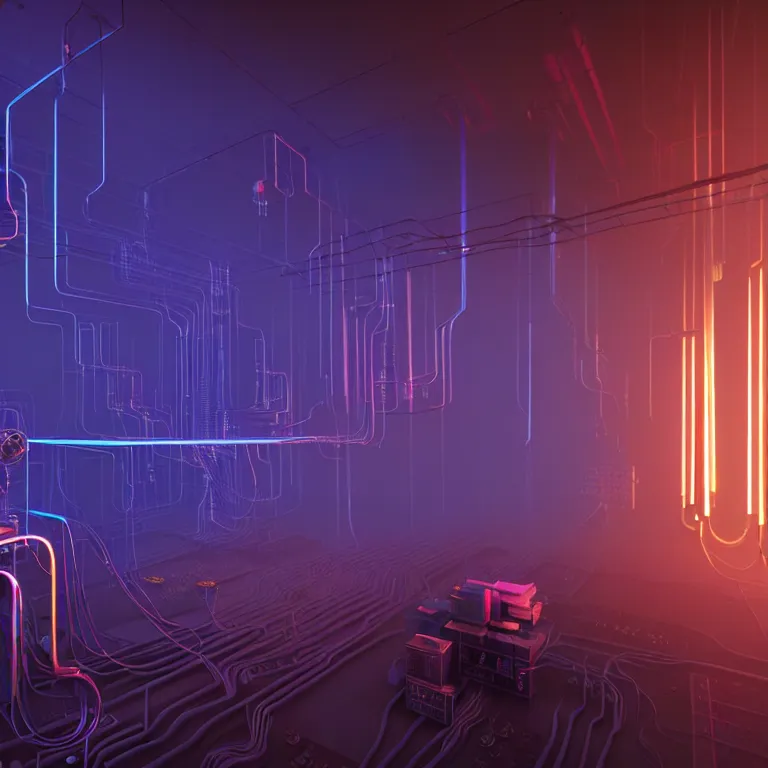 Prompt: an immaculate volumetric lighting octane redshift render of a beautiful iridescent device of unknown origin in a vast modern computing center alchemist's lab with exposed circuit boards, fog, god rays, nixie tubes and tesla coils by Zdzisław Beksiński and beeple, beautiful modern colors, ultradetailed, 4k ultra