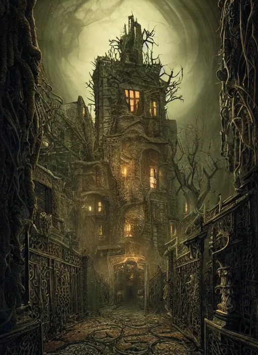 Prompt: a photorealistic dramatic hyperrealistic render of an eerie haunted house in pan's labyrinth by joe fenton, color poster art design, intricate details, beautiful dynamic dramatic dark moody tones and lighting, shadows, cinematic atmosphere, octane render, 8 k