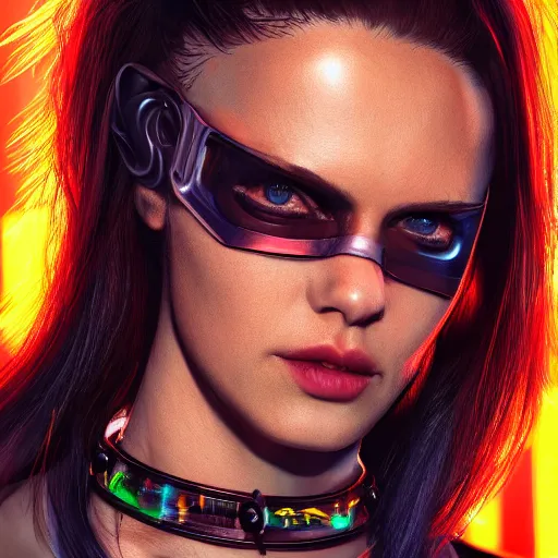 Image similar to headshot of cyberpunk punk woman wearing thick steel choker around neck, 4K, detailed face, collar on neck, realistic, artstation, neon,