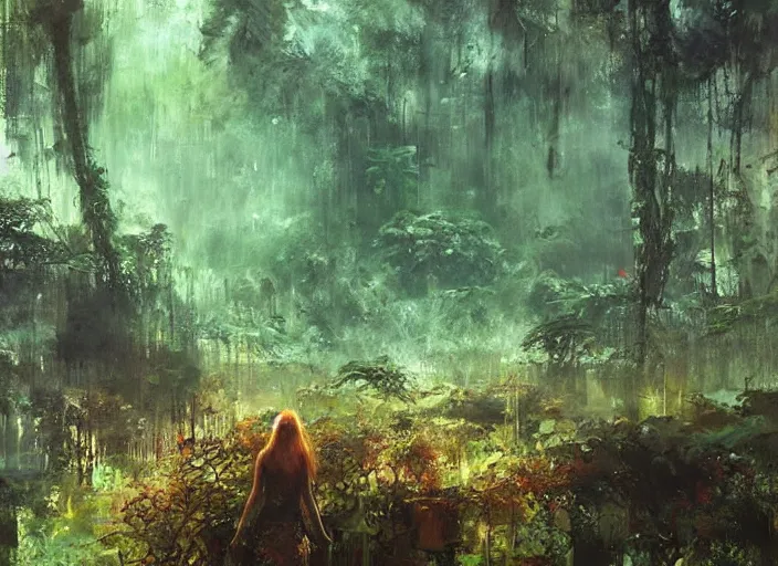 Prompt: a vast lush jungle, an overgrown City can be seen far in the distance, masterpiece, painterly, art by artem demura, emotion, fantasy art,