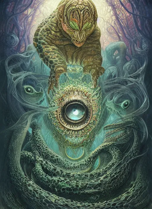 Prompt: phish glowing reptile eyes, shamanic poster lsd art, intricate, elegant, highly detailed, centered, digital painting, artstation, concept art, smooth, sharp focus, illustration, artgerm, tomasz alen kopera, peter mohrbacher, donato giancola, joseph christian leyendecker, wlop, frank frazetta