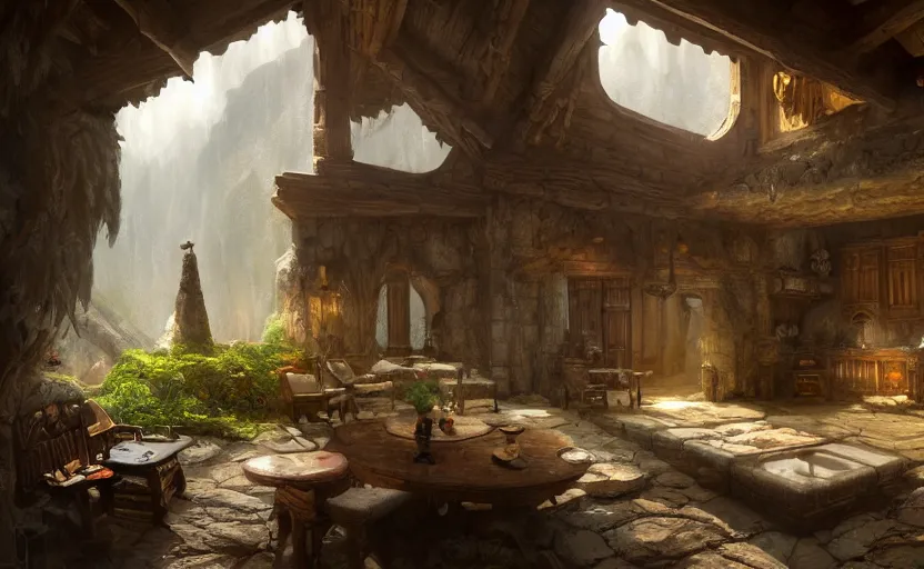 Image similar to painting of a series of opposing living quarters overlooking a greatroom carved inside a mountain, lush garden with hot spring between, cozy bed, well maintained, clean, medieval, fantasy genre, natural light, fantasy, natural light, concept art, by greg rutkowski and craig mullins, cozy atmospheric and cinematic lighting, trending on artstation