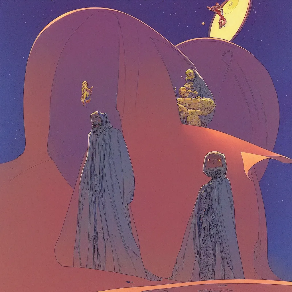Prompt: centered portrait of illustration, a person with a short cloak traveling in a space ship, volumetric, sci fi, awesome scheme, art by jean giraud and moebius
