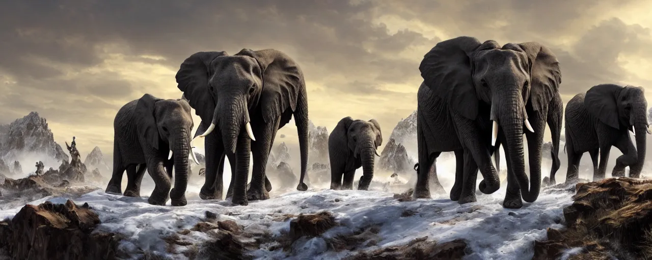 Prompt: African elephants wearing battle armor marching in snow mountain landscape, beautiful dynamic lighting, cinematic, wide angle establishing shot, extremely high detail, photo realistic, cinematic lighting, post processed, concept art, artstation, matte painting, style by frederic church, raphael lacoste, unreal engine 8k