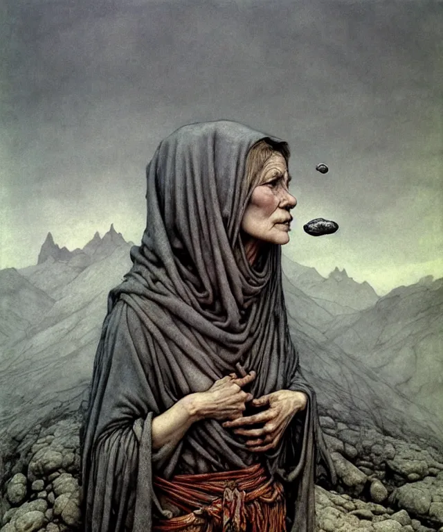 Prompt: A detailed gray-eyed woman with the head of a fish stands among the mountains with a pebble in hands. Wearing a ripped mantle, robe. Extremely high details, realistic, fantasy art, solo, masterpiece, art by Zdzisław Beksiński, Arthur Rackham, Dariusz Zawadzki