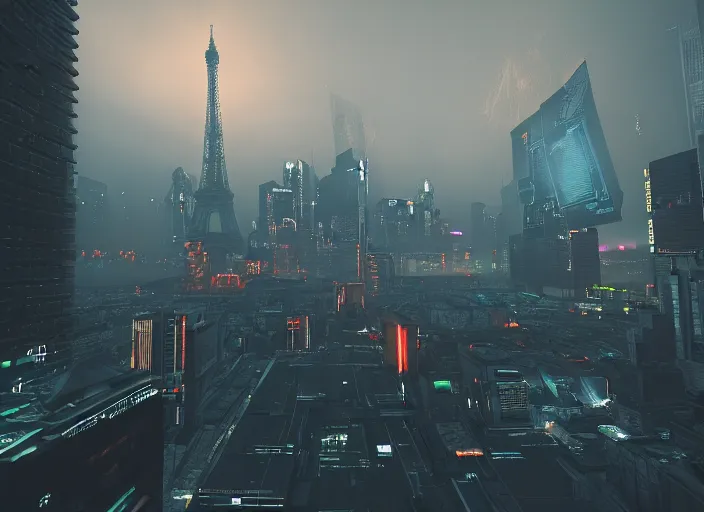 Image similar to cyberpunk scifi scene of paris at night, scifi drones in the sky, artstation, matt painting, very detailed, maximalism, ambient occlusion, volumetric light, atmospheric haze, unreal engine, hyper realism, realistic shading, cinematic composition, realistic render, octane render, detailed textures, photorealistic, wide shot