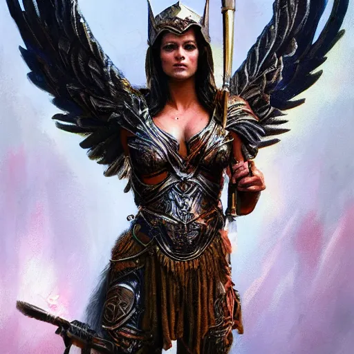 Image similar to valkyrie angel, correct female anatomy, low cut light armor, extremely detailed oil painting, highly detailed, abstract, 1 9 2 0's colored pencil art style, deep aesthetic, 8 k, highly ornate intricate details, cinematic lighting, rich colors, digital artwork, beautiful scenic view, ray tracing, hyperrealistic, photorealistic, cinematic landscape, trending on artstation, concept art,