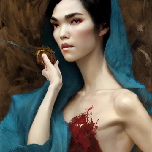 Image similar to detailed cinematic wide shot of tao okamoto beautiful attractive vampire woman slim face symettrical face clean skin blue eyes black robe smooth, sharp focus, ultra realistic, spring light, painting by gaston bussiere, craig mullins, j. c. leyendecker