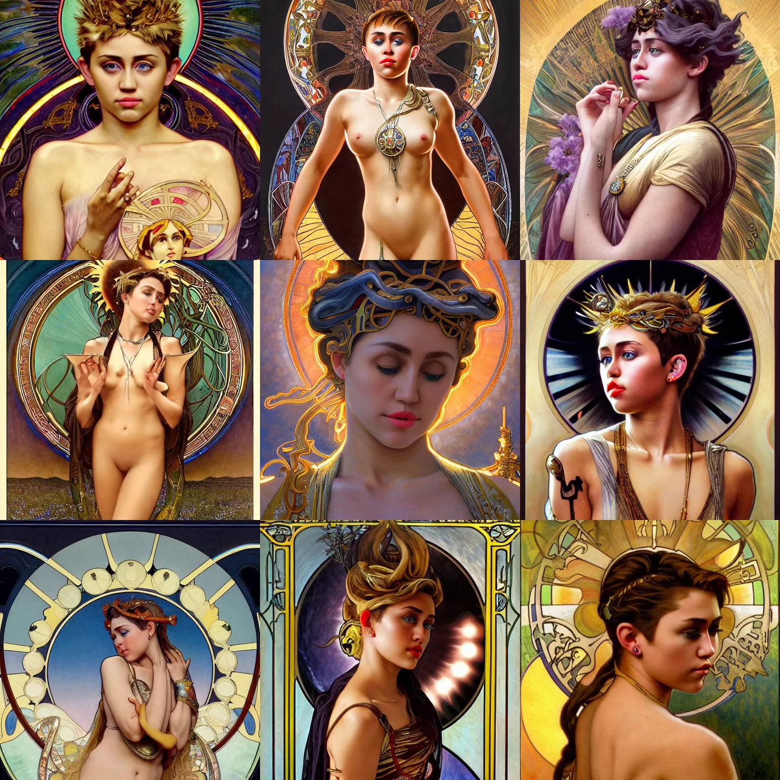 Prompt: stunning, breathtaking, awe-inspiring award-winning concept art nouveau painting of attractive Miley Cyrus as the goddess of the sun, with anxious, piercing eyes, by Alphonse Mucha, Michael Whelan, William Adolphe Bouguereau, John Williams Waterhouse, and Donato Giancola, cyberpunk, extremely moody lighting, glowing light and shadow, atmospheric, cinematic, 8K