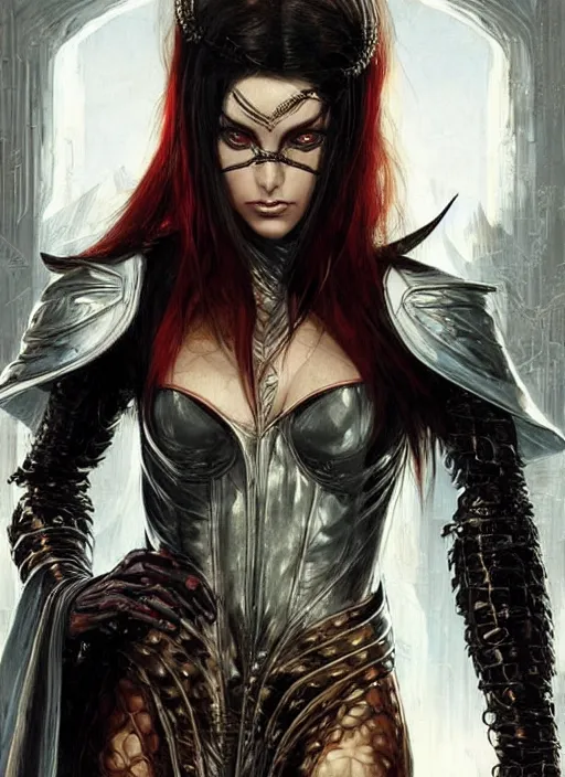 Prompt: a concept art painting of an female thief assassin wearing medieval leather armor with piercing beautiful eyes art by karol bak and mark brooks and argerm