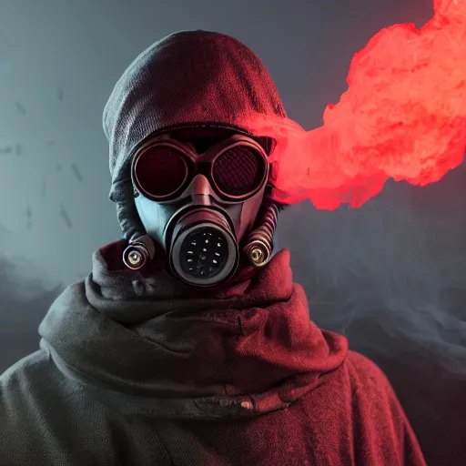 Prompt: hooden villain wearing a gas mask with red goggles, smoke coming out of his body, dark background, unreal engine 5, ultra realistic, detailed, fog, by greg rutkowski