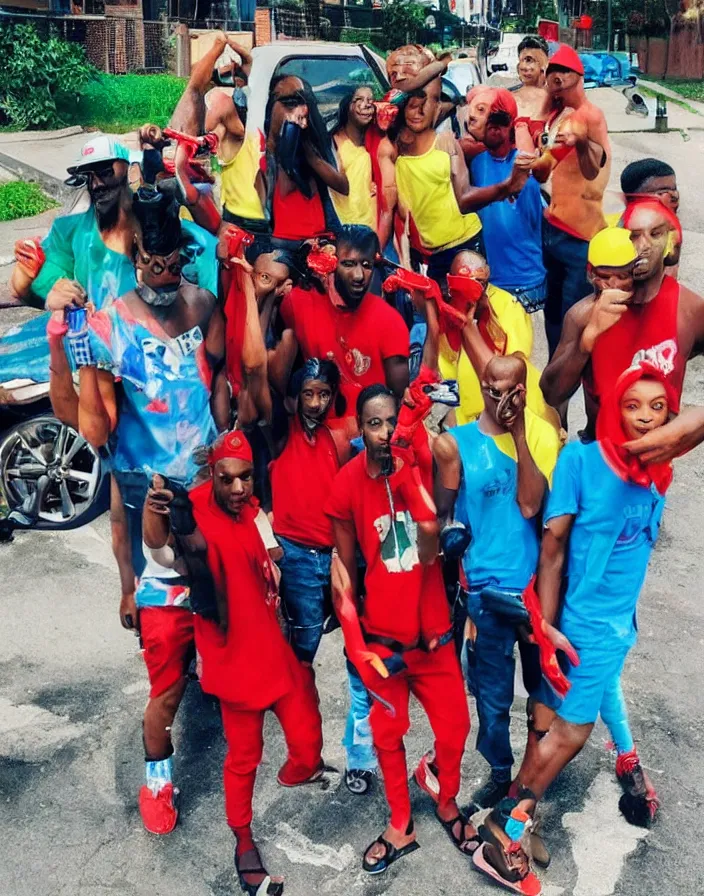 Image similar to bloods gang members showing off their plastic colorful water guns, bad quality, phone photo, leaked photo, paparazzi photo, realistic, 720p