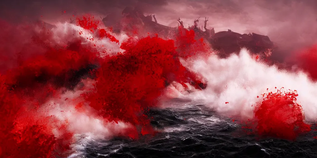 Image similar to a churning, boiling red sea with lots of smoky black and red steam, fantasy digital art, octane render, beautiful composition, trending on artstation, award-winning photograph, masterpiece