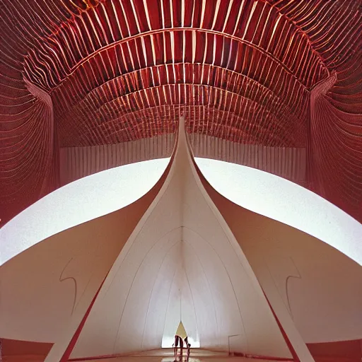 Image similar to entrance foyer of a futuristic lotus temple with gold, red and white marble panels, in the desert, by buckminster fuller and syd mead, intricate contemporary architecture, photo journalism, photography, cinematic, national geographic photoshoot