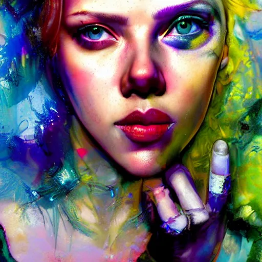 Image similar to drunken scarlett johansson as delirium from sandman, one green colored eye and one blue colored eye, ( hallucinating colorful soap bubbles ), by jeremy mann, by sandra chevrier, by dave mckean and richard avedon and maciej kuciara, 8 0's, punk rock, tank girl, high detailed, 8 k