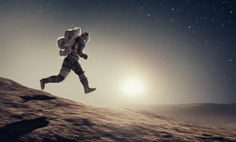 Image similar to A man running towards the moon,featured in artstation, cinematic, elegant, , 8k