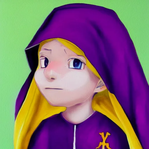 Image similar to little boy wearing nun outfit, blonde hair. purple and yellow color palate, detailed soft painting, made in abyss art style, anatomically correct