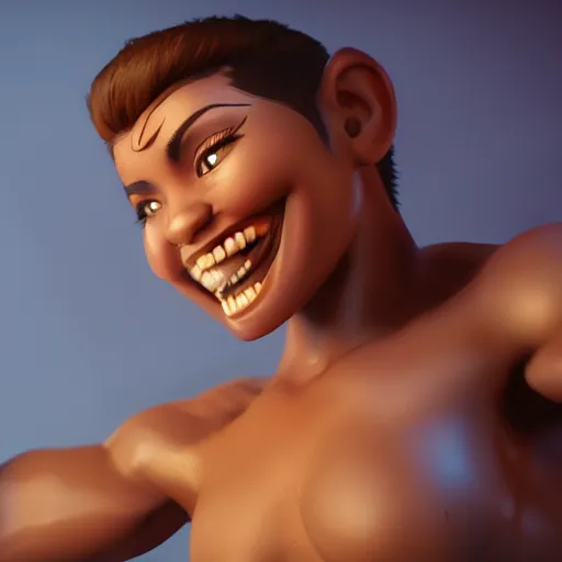 Image similar to a short young genie, with spikey short brown hair, brown skin, abs, a confident smile, emerging from her lamp and flexing her bicep, trending on artstation, 4k, hyperrealistic, focused, extreme details, unreal engine 5, cinematic, masterpiece