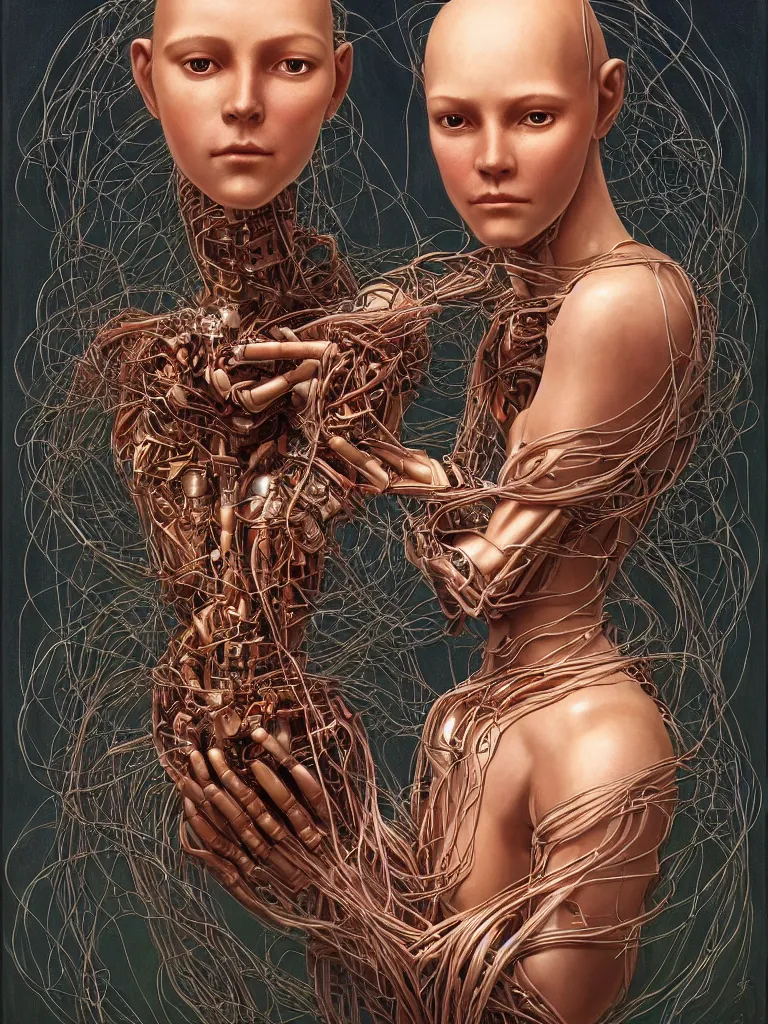 Image similar to portrait of a beautiful female android robot holding a realistic anatomical heart in her hands and crying, there are wires coming from her heart, tangled and entwined with her long flowing hair, mecha, biopunk, painting by James C. Christensen, by Dan Witz, by tomasz alen kopera