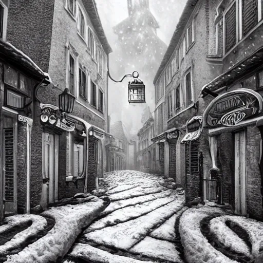 Image similar to an ultra detailed black and white tarot card of the quaint town of galic, grid shaped city cobblestone streets, fantasy city, the morning after a heavy snowfall, wind, inspiring gothic architecture, ultrawide lense, aerial photography, unreal engine, exquisite detail, 8 k, art by greg rutkowski and alphonse mucha