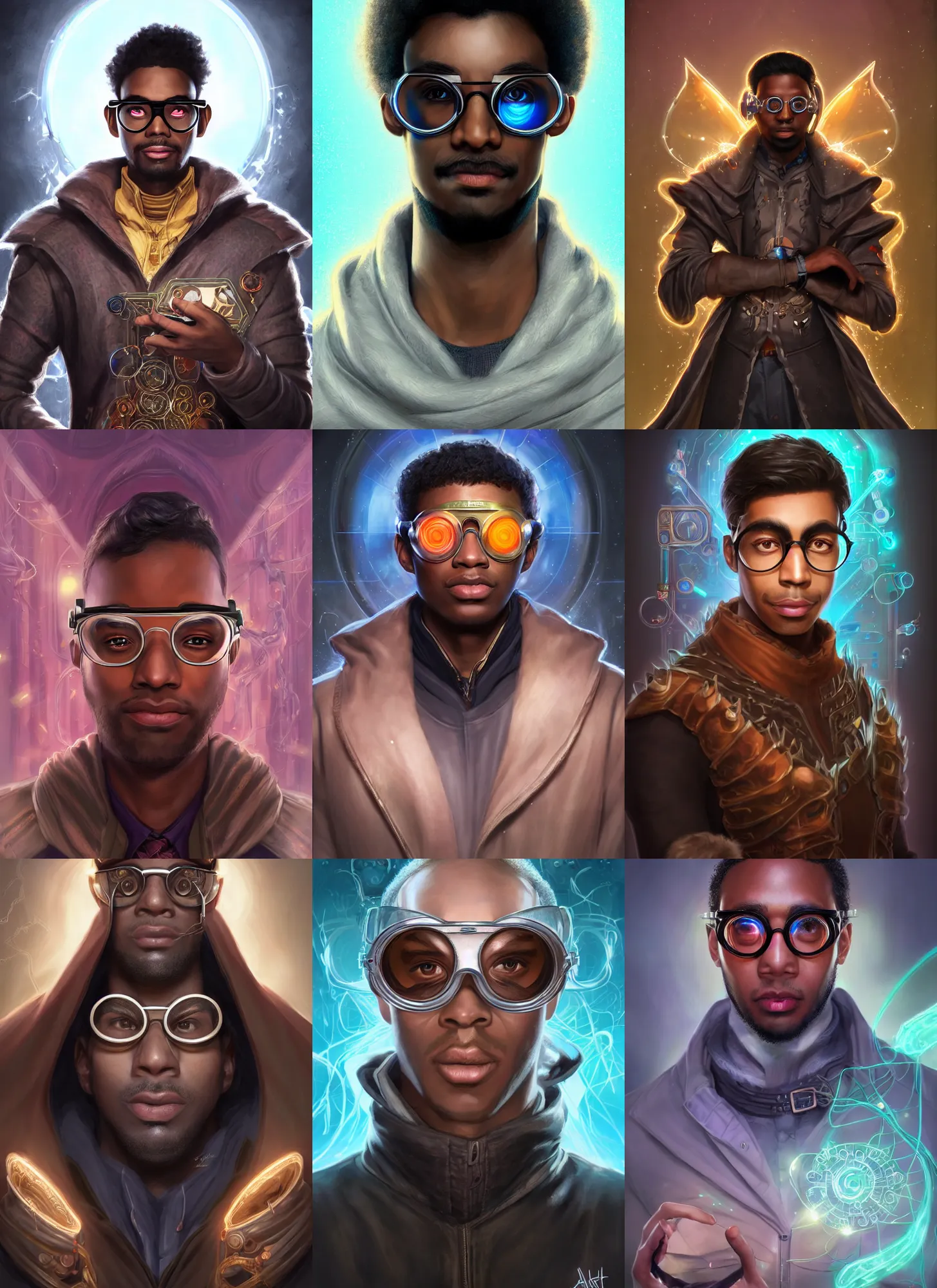 Prompt: portrait of a male holomancer in the lab, brown skin, nerd goggles, frown, jet black longcoat, vials, holographic creatures, high fantasy, dnd, face details, extremely detailed, smooth, sharp focus, digital illustration, by artgerm, rossdraws, sakimichan