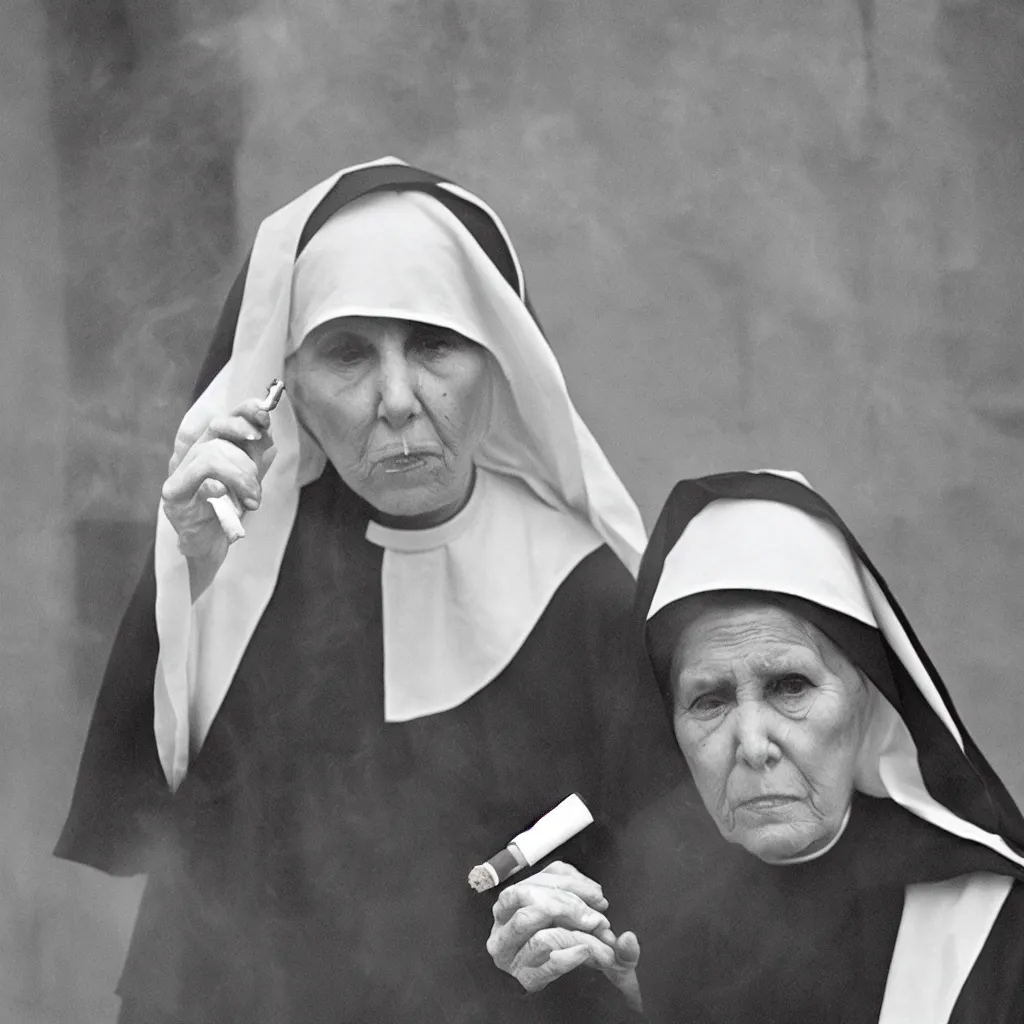 Prompt: a nun smoking a cigarette