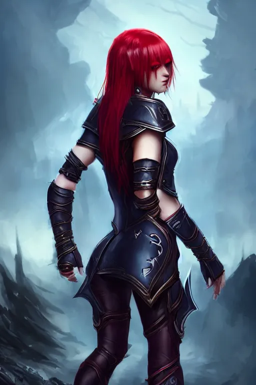 Prompt: Female paladin, dnd, d&d, leggins, black shirt, red skintight leather armor, red hair, looking from behind, blue eyes, visible face, pretty face features, high fantasy, matte painting, by wlop