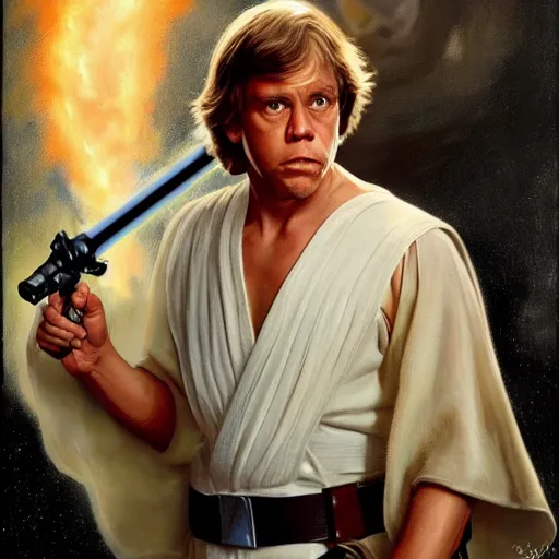 Prompt: An ultra realistic portrait painting of luke skywalker in the style of Frank Frazetta, 4k, Ultra realistic, Highly Detailed, Dark Fantasy, Epic Lighting