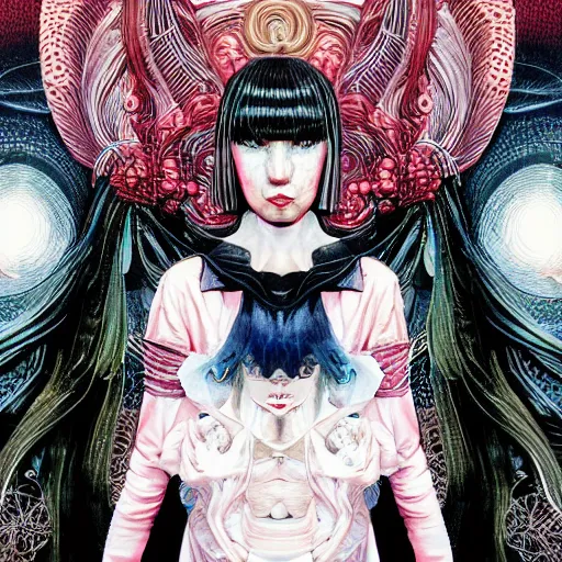 Image similar to portrait of crazy sia kate isobelle furler, symmetrical, glamour, by yoichi hatakenaka, masamune shirow, josan gonzales and dan mumford, ayami kojima, takato yamamoto, barclay shaw, karol bak, yukito kishiro