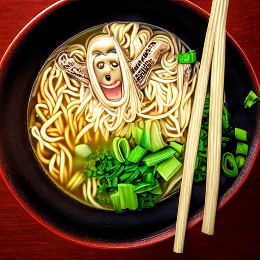 Image similar to Extremely hot, steaming bowl of noodle soup with a screaming human face. Anthropomorphic. Extremely detailed. Award winning. Intense. Demonic.