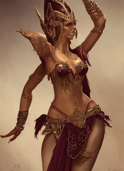 Image similar to a highly detailed illustration of a masked elegant elf arabian dancer, gracefully belly dancing pose, waving both arms, slim model body, intricate, elegant, highly detailed, centered, digital painting, artstation, concept art, smooth, sharp focus, league of legends concept art, WLOP