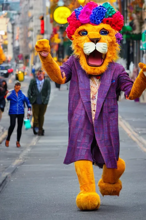 Image similar to An anthro anthropomorphic lion wearing a brightly coloured hat and silk scarf, proudly walking down the street, happy, joyful, in the style of Arthur Thiele