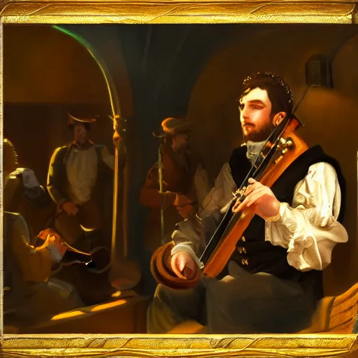 Prompt: a fantasy painting of a well dressed bard playing a song for the raucous tavern, moody lighting, 4k