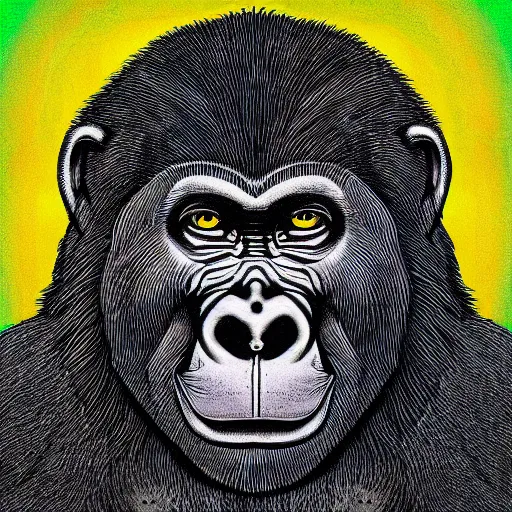 Image similar to gorilla illustrated in the style of can's tago mago album cover