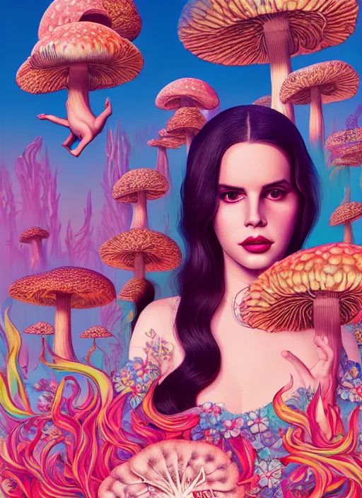 Image similar to pretty lana del rey with hallucination mushroom : : by martine johanna and simon stalenhag and chie yoshii and casey weldon and wlop : : ornate, dynamic, particulate, rich colors, intricate, elegant, highly detailed, vogue, harper's bazaar art, fashion magazine, smooth, sharp focus, 8 k, octane render,