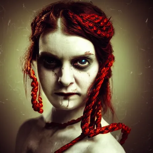 Prompt: dark schizophrenia portrait, death not dresses body red head woman in medieval dress, strangled with rope, blur effect face, victorian style, high detail