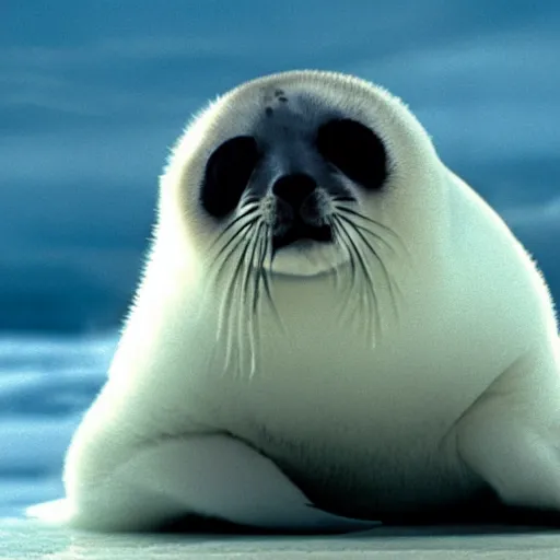 Image similar to a film still of a baby harp seal as James Bond in Skyfall