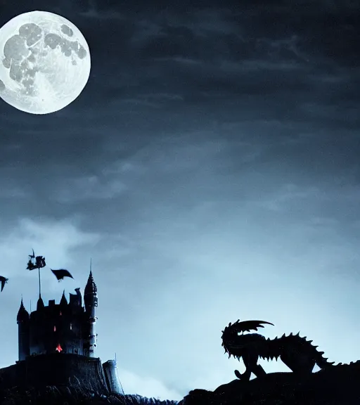 Prompt: a dragon silhouette crossing the full moon at night, with dark castle in foreground, cinematic frame by steven spielberg, game of thrones, hd