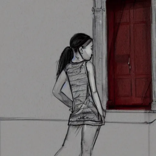 Image similar to fashion sketch of an asian teenager doing a warm up on a brownstone stoop.