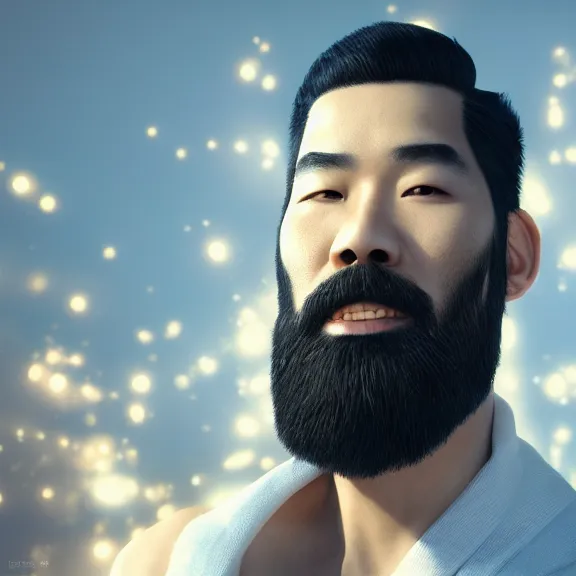 Prompt: a portrait of a shiny glowing heavenly asian man with white beard, night, 8 k, octane render, artstation, digital art.