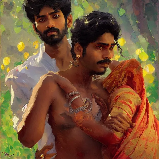 Prompt: paiting of a tamil man and alien love story, portrait, elegant, intricate, digital painting, artstation, concept art, smooth, sharp focus, illustration, art by konstantin korovin and daniel f. gerhartz and john howe