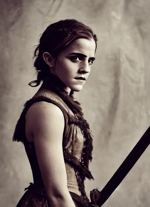 Image similar to photography emma watson prehistoric victorian berserker cinematic