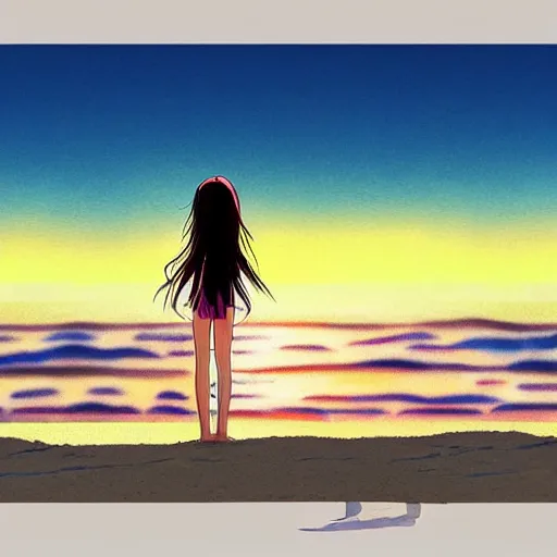 Image similar to girl looking at the sea on the beach during sunset, realistic shaded, highly detailed, anime, realistic