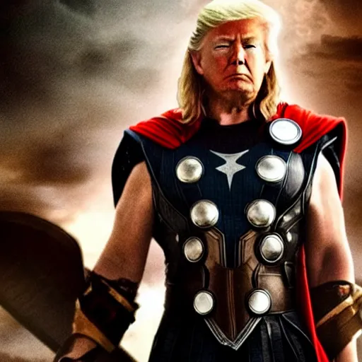 Image similar to Donald Trump as Thor the god of thunder, avengers film still