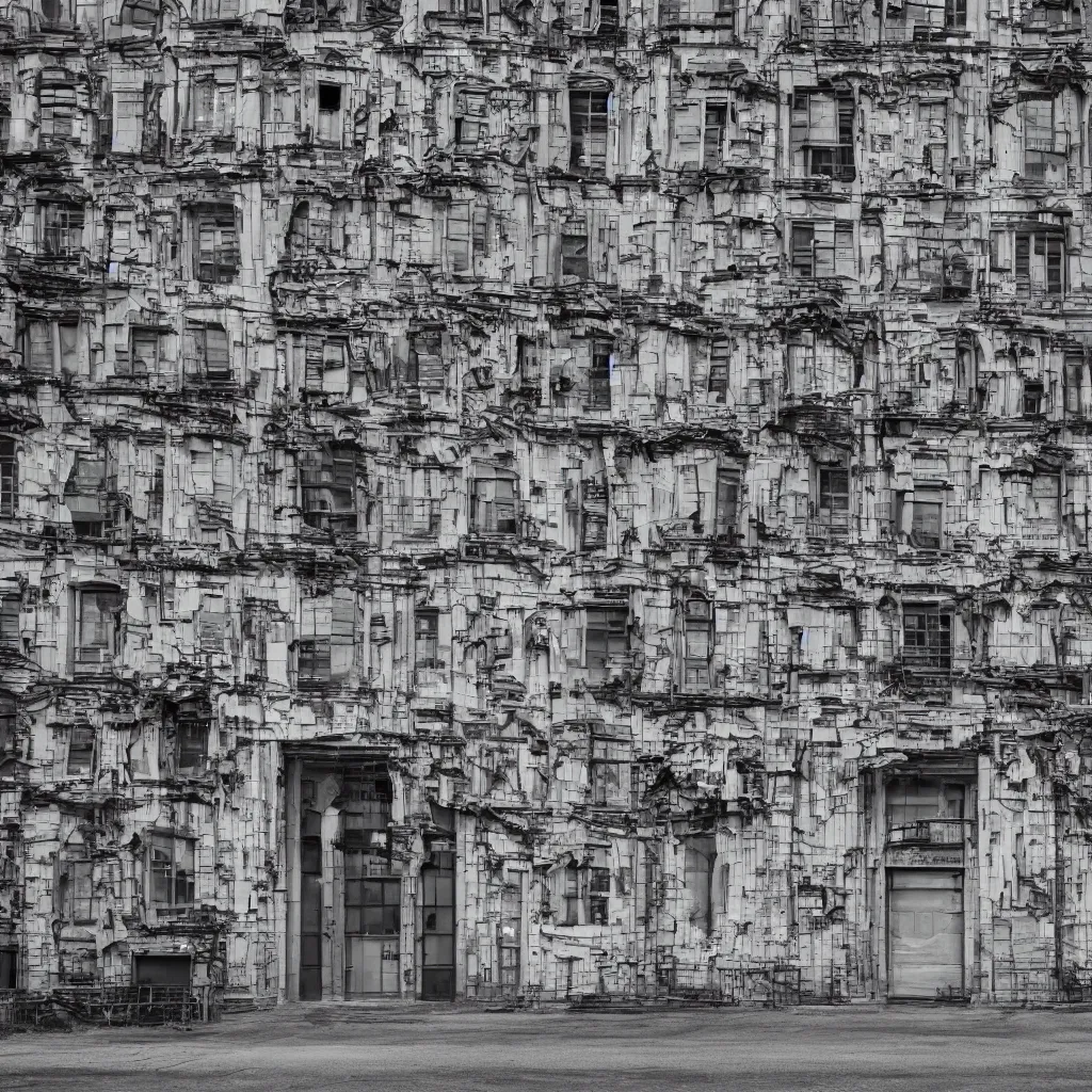 Prompt: a large building facade covered by lots of different makeshift doors, photographed by ansel adams, sony a 7 r 3, f 1 1, fully frontal view, ultra detailed,