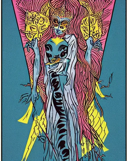 Prompt: vulvina queen of ecstasy, a queen and death, tarot, jewels, by saul bass!!!!, graphic design, flat color, solid color, poster, tonalism