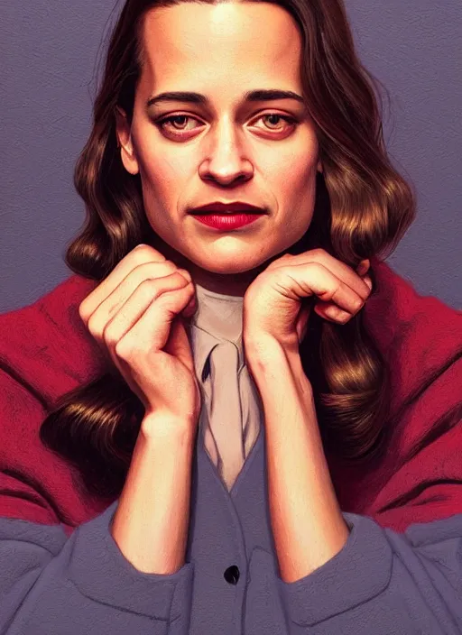 Prompt: twin peaks movie poster art, portrait of a smiling alicia vikander, from scene from twin peaks, clean, simple illustration, nostalgic, domestic, highly detailed, digital painting, artstation, concept art, smooth, sharp focus, illustration, artgerm, donato giancola, joseph christian leyendecker, wlop