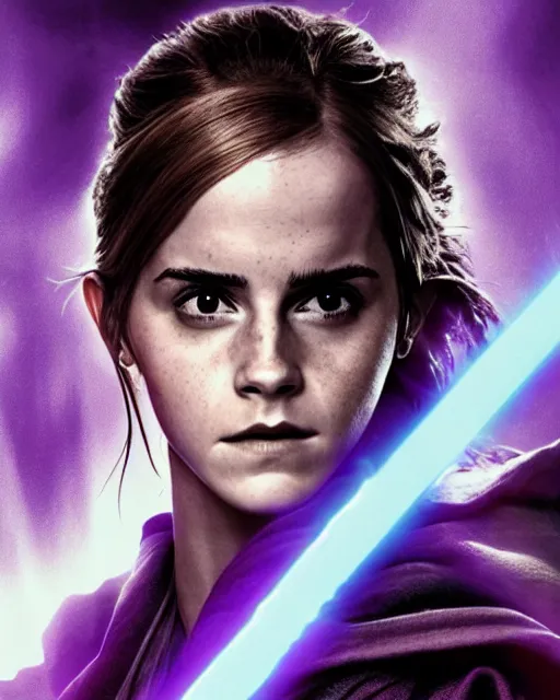 Image similar to emma watson as a jedi with ripped and damaged clothes holding a purple lightsaber in her hands, very dark background, official star wars episode xii movie poster, perfect symmetrical face, moody lighting, 8 k, shallow depth of field, intricate detail,