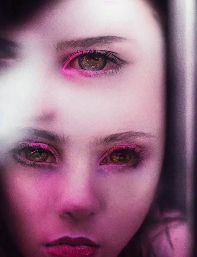 Image similar to portrait of girl with smokey eyes makeup in a subway train, neon light, wide high angle coloured polaroid photograph with flash, kodak film, hyper real, stunning moody cinematography, with anamorphic lenses, by maripol, fallen angels by wong kar - wai, style of suspiria and neon demon and children from bahnhof zoo, detailed