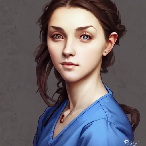 Image similar to an beautiful female nurse with short sleeves, perfectly-centered-Portrait of a most beautiful woman it the world, intricate, highly detailed, digital painting, artstation, concept art, smooth, sharp focus, illustration, Unreal Engine 5, 8K, art by artgerm and greg rutkowski and alphonse mucha